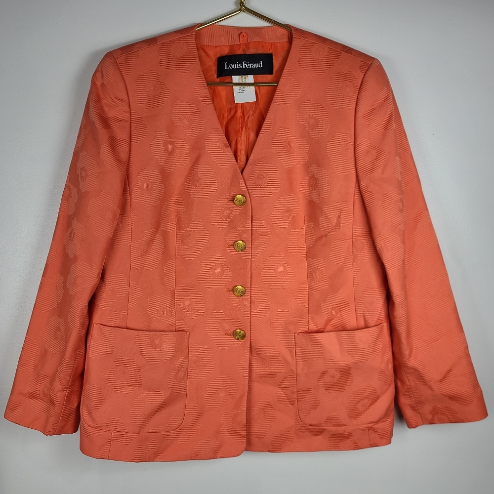 Vintage Louis Feraud Orange Jacquard Woven Button-Down Blazer Jacket 14